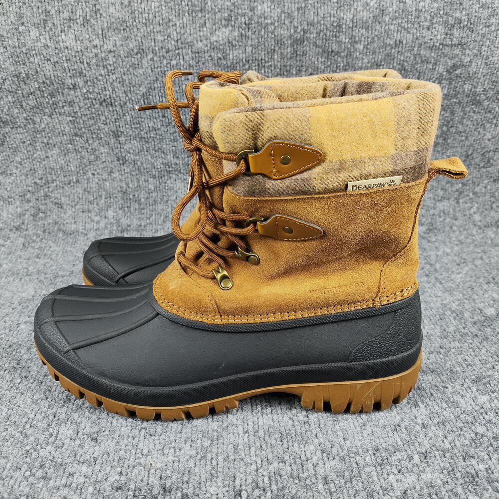 Bearpaw Boots Womens Size 10 Brown Suede Waterproof Plaid Duck Snow Winter Ankle